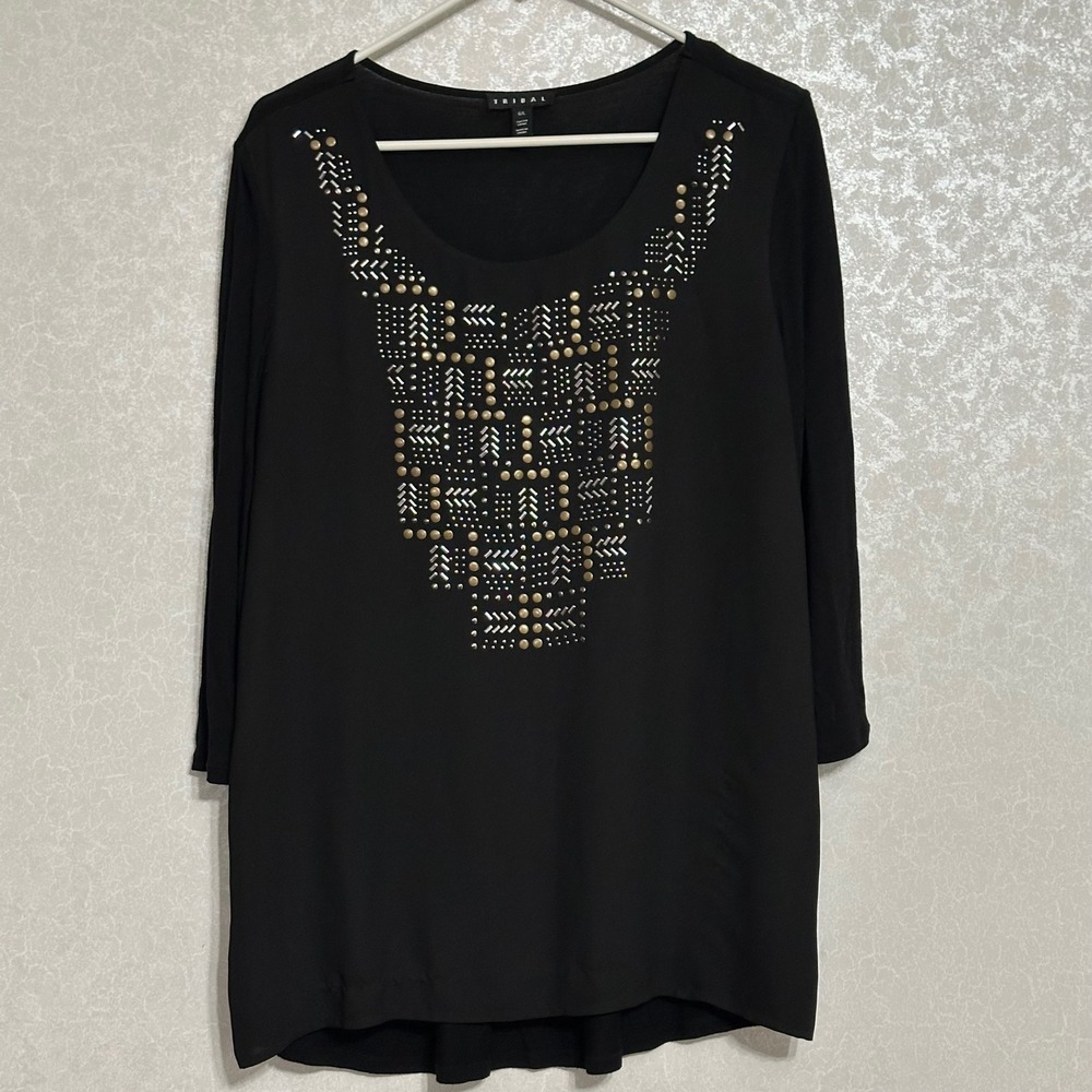 Tribal Geometric Studded Bib Mixed Media 3/4 Sleeve Top Black L